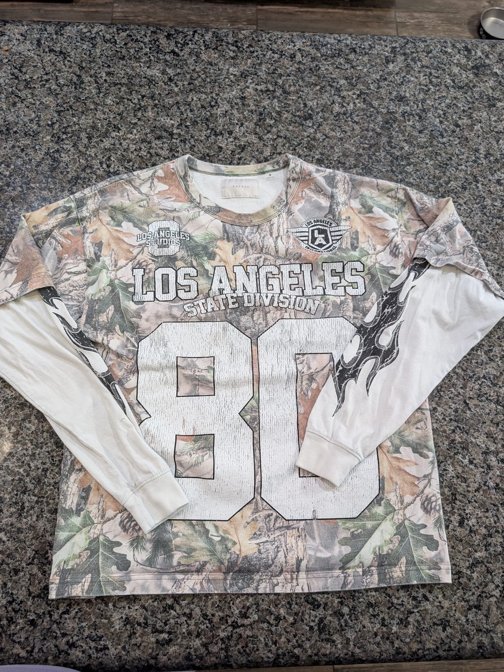 PacSun White and Green Camo Long Sleeve Graphic Tee, Size Medium